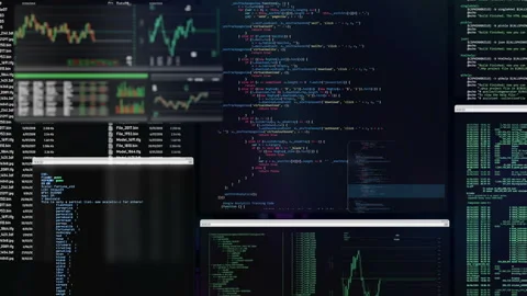 Futuristic control panel with ruung applications, moving code listings, Stock Footage 101453354
