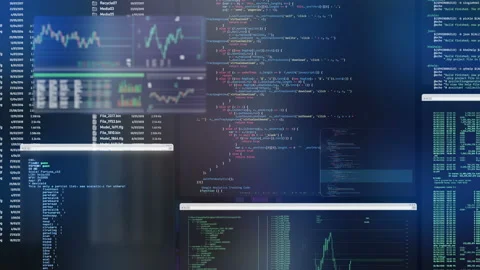 Futuristic control panel with ruung applications, moving code listings, Video stock 101453432