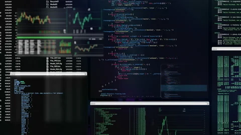 Futuristic control panel with ruung applications, moving code listings, Stock Footage 101453452