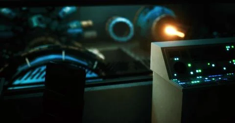 Futuristic control room with advanced technology and glowing interfaces Stock Illustration