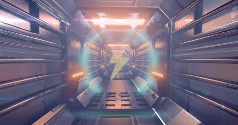 Futuristic corridor with glowing circular image over metallic walls and lights Stock Photos