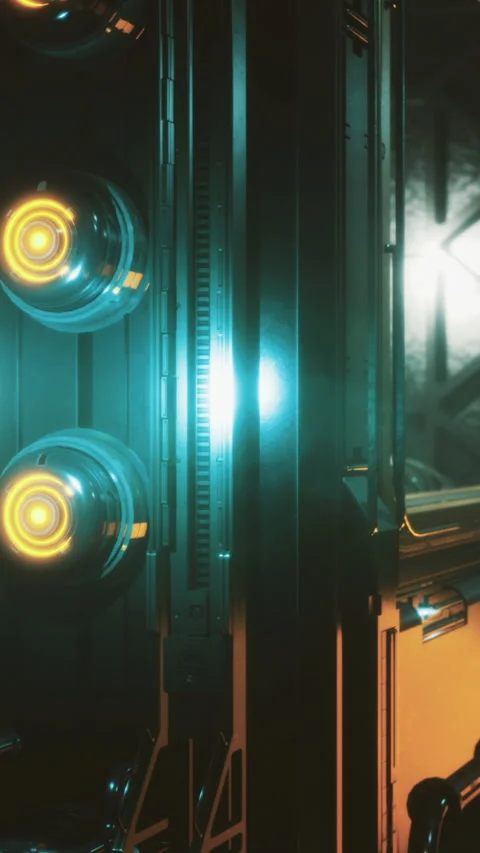 Futuristic corridor with glowing elements in a science fiction setting at night Stock Footage 329136082