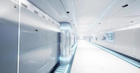 Futuristic corridor with glowing features in a modern building space Ilustração Stock