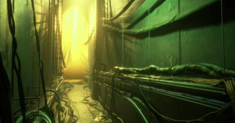 Futuristic corridor with glowing lights and cables in a sci fi setting Stock Illustration