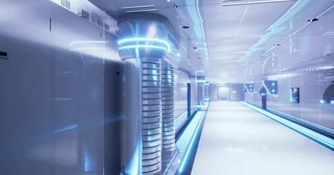 Futuristic corridor with glowing lights and sleek design in a modern facility Stock Illustration