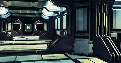 Futuristic corridor in a high tech space facility showcasing sleek design Stock Illustration