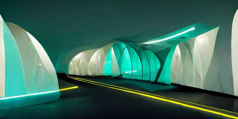 Futuristic corridor interior design. The concept of the future. Фото