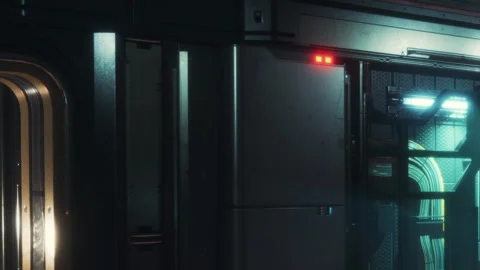 Futuristic corridor with lights in a sci fi setting at night Stock Footage 343572899