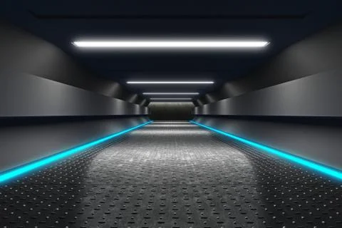 Futuristic Corridor with Neon Fluorescence Lights. Stock Illustration
