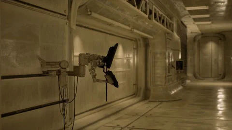 Futuristic corridor with robotic arm and advanced sci fi tech Stock Footage 304467034