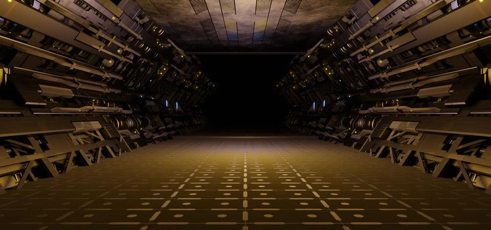 Futuristic corridor in a sci-fi fantasy space ship or station. 3D illustratio Иллюстрация