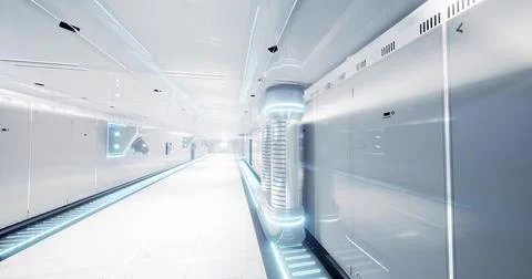 Futuristic corridor with sleek design and advanced technology elements Illustrazione stock