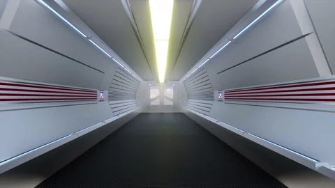 Futuristic corridor on spaceship open do... | Stock Video | Pond5