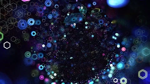 Futuristic Cosmic Particle Field with Glowing Hexagonal Light Rings Stock Footage 346131295