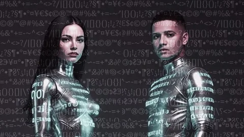 Futuristic couple of androids in front of animated text background Stock Footage 340413935
