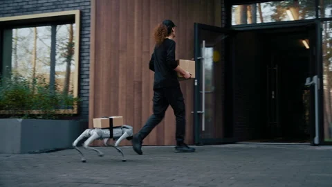 Futuristic Courier and AI Assistant Walking Video stock 322946853