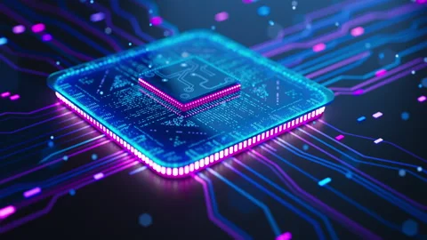 Futuristic CPU chip loop with blue and magenta lights Видео 338984923