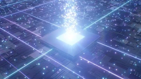 Futuristic CPU Computer Motherboard Chip Data Transfer Stream Concept Illustrazione stock