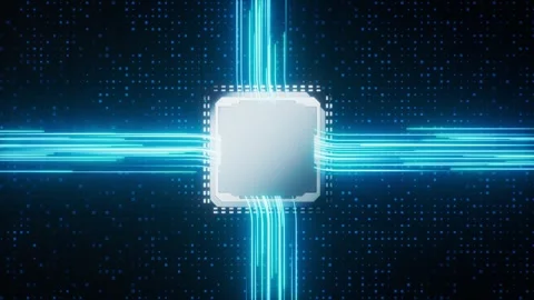 Futuristic cpu microchip processing data with glowing blue light trails on .. Stock Footage 332390264