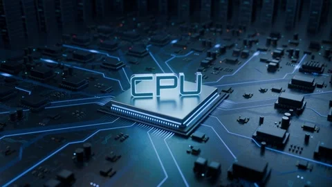 Futuristic CPU Microprocessor Chip on Motherboard with Glowing Blue Circuit Stock Footage 348622880
