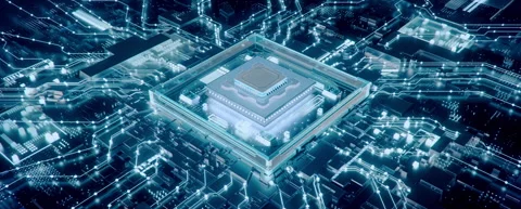Futuristic CPU Microprocessor on Circuit Board, Semiconductor Technology Stock Footage 340631763