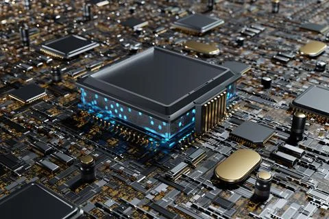 Futuristic CPU processor blue light on Motherboard Circuit board 3D rendering イラスト素材