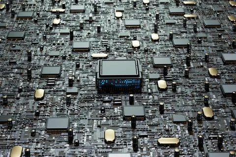 Futuristic CPU processor blue light on Motherboard Circuit board 3D rendering イラスト素材