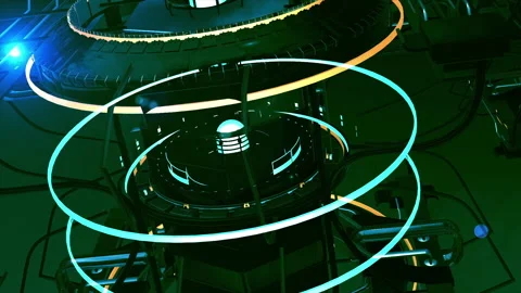 Futuristic CPU: Rotating Rings and Flashing Lights in a Dark Green Setting Stock Footage 309844352