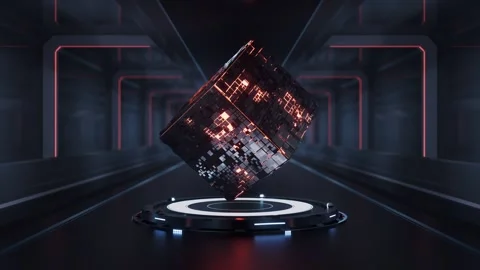 Futuristic cube with glowing lights spins on platform in dark tunnel with n.. Stock Footage 332317250