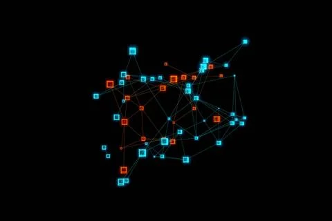 Futuristic cube network, polygon in blue and orange. Cubes polygon network... Stock Photos