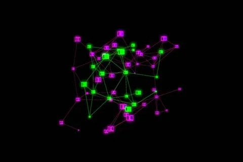Futuristic cube network, polygon in purple and green. Cubes polygon networ... Stock Photos