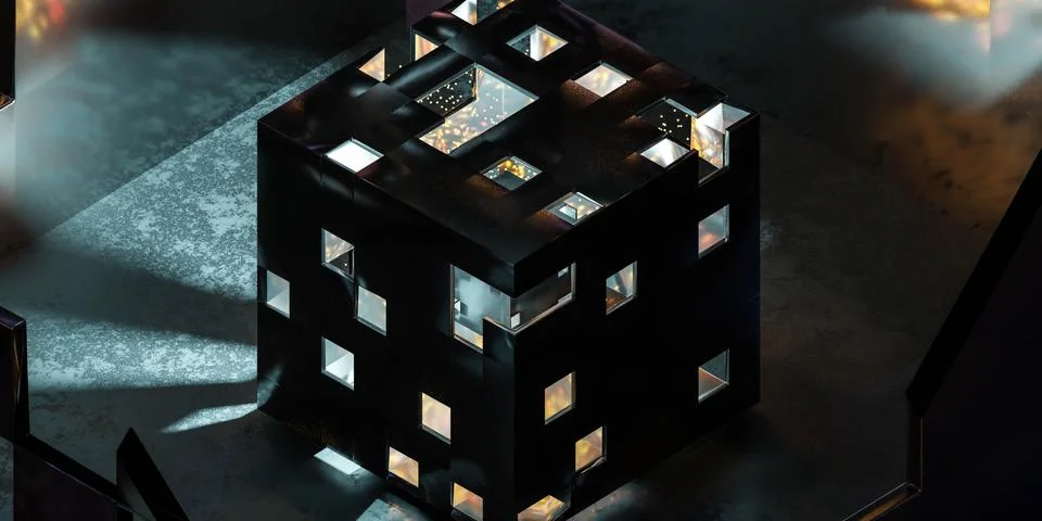 Futuristic cube technology textured object on blue light background 3D render イラスト素材