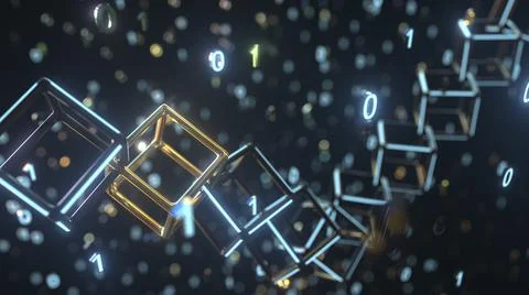 Futuristic cubic chain and binary numbers. Blockchain technology concept, 3D Stock Illustration