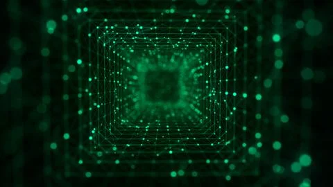 Futuristic cubic tunnel consisting of a flow of particles in cyberspace. Fu.. Illustrazione stock