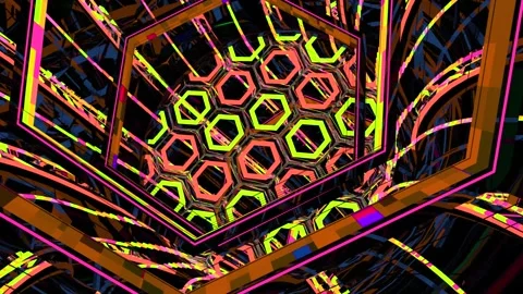 Futuristic curved tunnel with dark hexagonal structure with lines of blue an Stock Footage 264576930