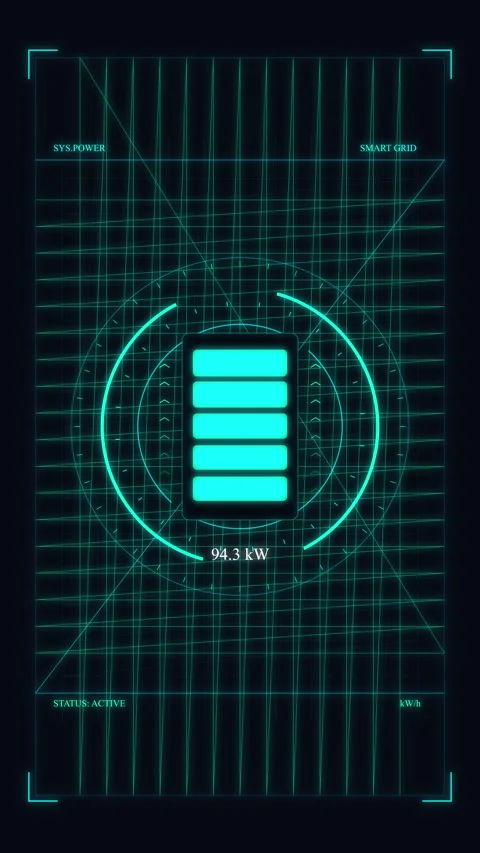 Futuristic cyan battery interface with glowing energy hud elements Stock Footage 348334691