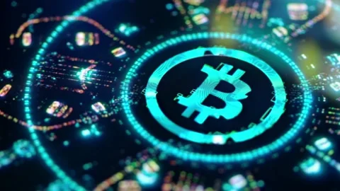 Futuristic cyan Bitcoin cryptocurrency animation with digital circuit background Stock-Footage 333484844