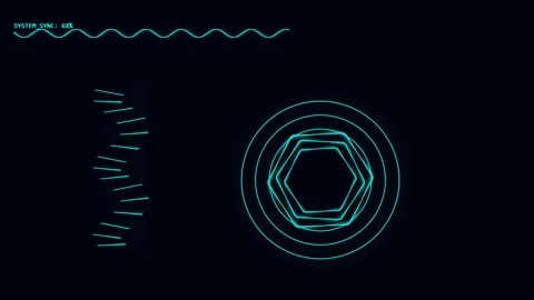 Futuristic cyan digital system sync display with rotating geometric shapes .. Stock-Footage 342549658