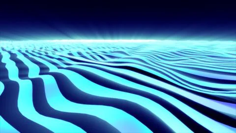 Futuristic cyan digital wave landscape with glowing striped terrain, horizo.. Stock Illustration
