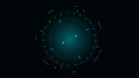 Futuristic cyan HUD compass interface rotating on dark background with glowing Stock Footage 348326862
