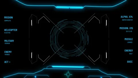 Futuristic cyan military HUD interface screen with target rings, mission labels, Stock Footage 340402903