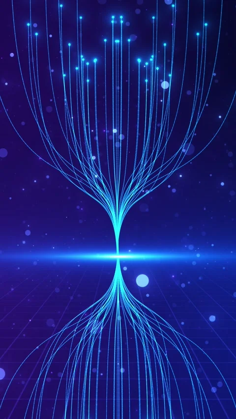 Futuristic cyan network lines scene mirrored flowing paths, glowing nodes, star Stock Footage 340452252