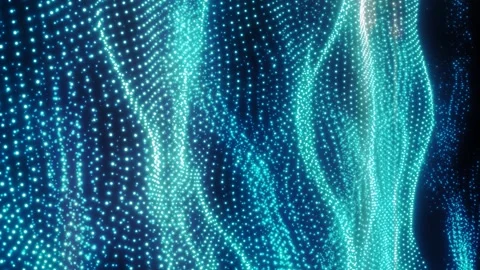 Futuristic cyan particle waves form a glowing digital data landscape Stock Footage 337185705