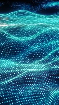 Futuristic cyan particle waves form a glowing digital data landscape on a d.. 库存照片