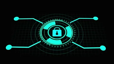 Futuristic Cyan Security Lock Icon with Data Connections on Dark Grid digit.. Stock Footage 321626329