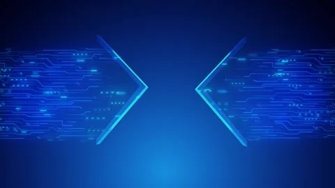 Futuristic cyan tech border visual mirrored circuit patterns, blue arrow shapes, Stock Footage 340548635