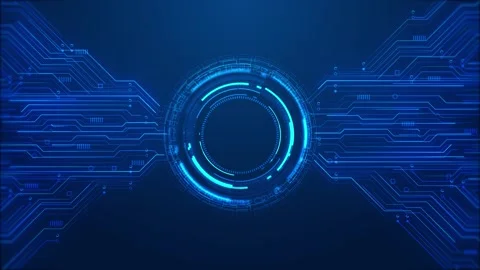 Futuristic cyan tech HUD core visual bright circular interface, blue circuit rou Stock Footage 340525415