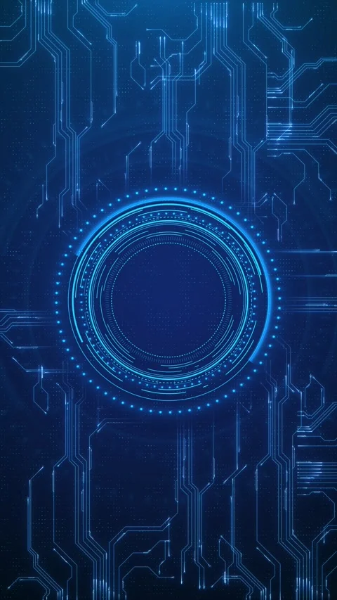 Futuristic cyan tech ring background luminous circular interface, circuit paths Stock Footage 334124257