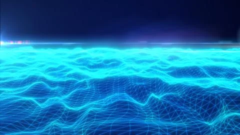 Futuristic cyan wireframe wave landscape with glowing polygon grid and digi.. Stock Illustration