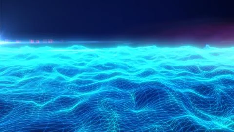 Futuristic cyan wireframe wave landscape with glowing polygon grid and digi.. Stock Illustration